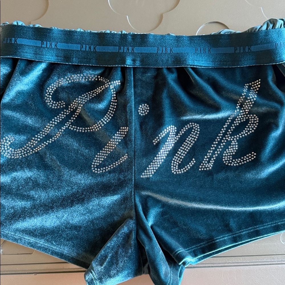 Victoria's Secret PINK Rhinestone Green Velvet Velour Boxer Shorts Size S - Picture 6 of 13